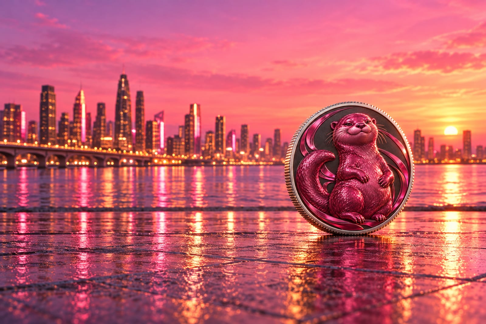 OtterDacity's silver coin against a neon pink sunset city, with sweeping magenta bands surrounding his sculpted otter portrait.