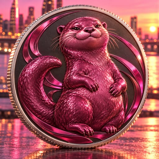 Silver coin with a ridged rim, charcoal face, sweeping magenta bands, and a smug plum-magenta otter relief with paws on his belly and a curled tail.